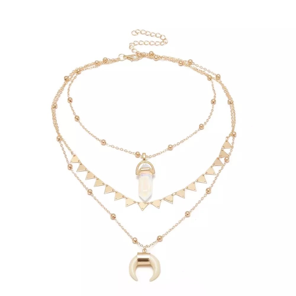 🌀🆕Bohemian 3 layered opal stone gold necklace - Picture 2 of 6